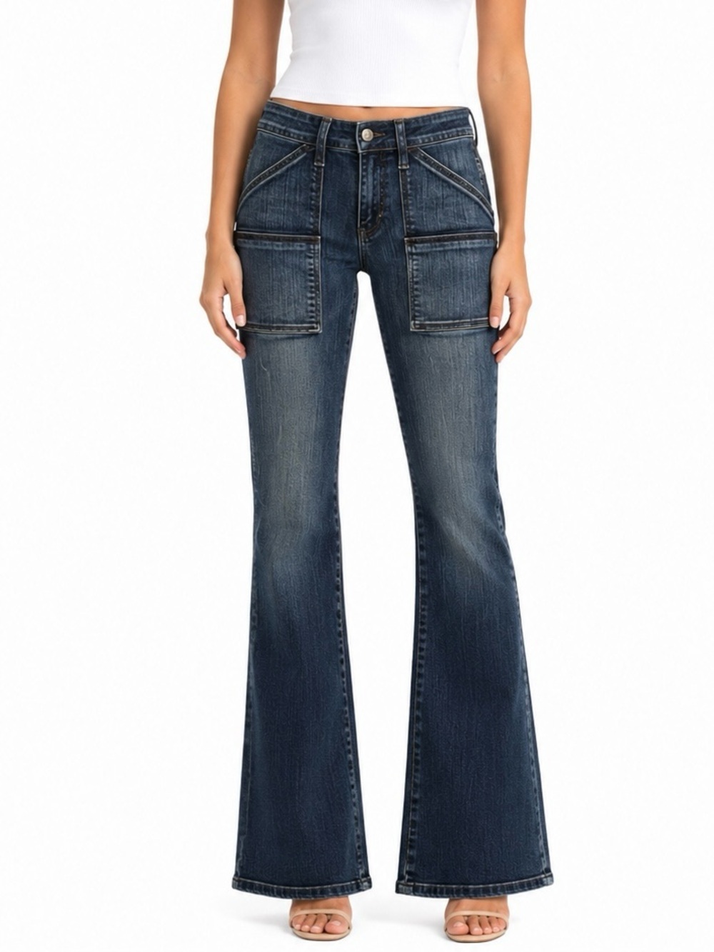 Bubblegum Women’s Size 11/12 Dark Wash Flare Cargo Pocket Stretch Jeans Y2K